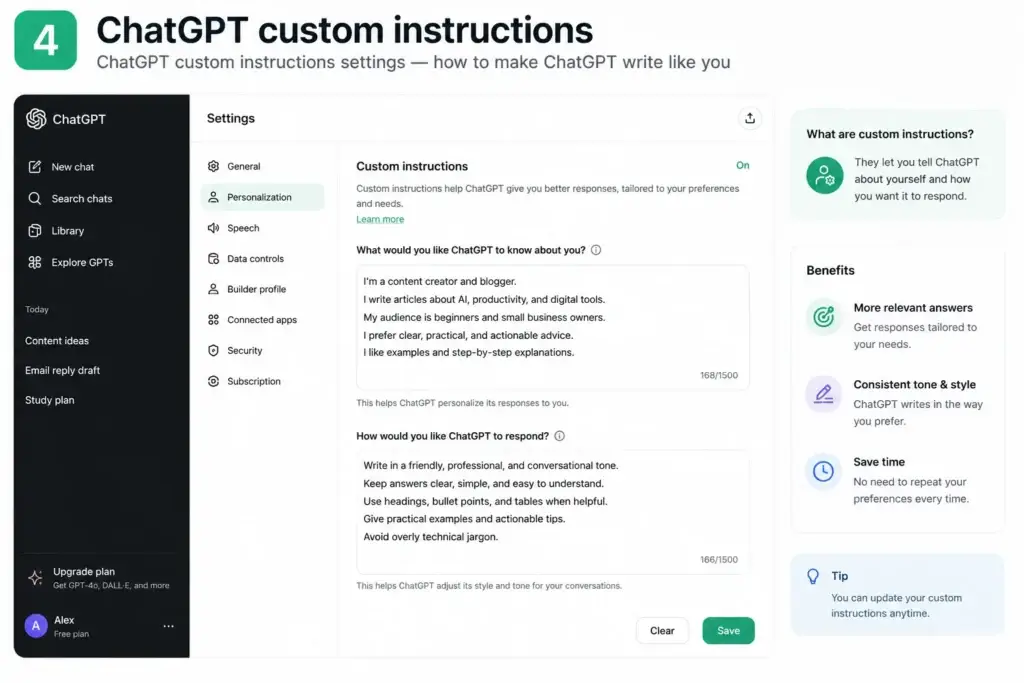ChatGPT custom instructions settings — how to make ChatGPT write like you
