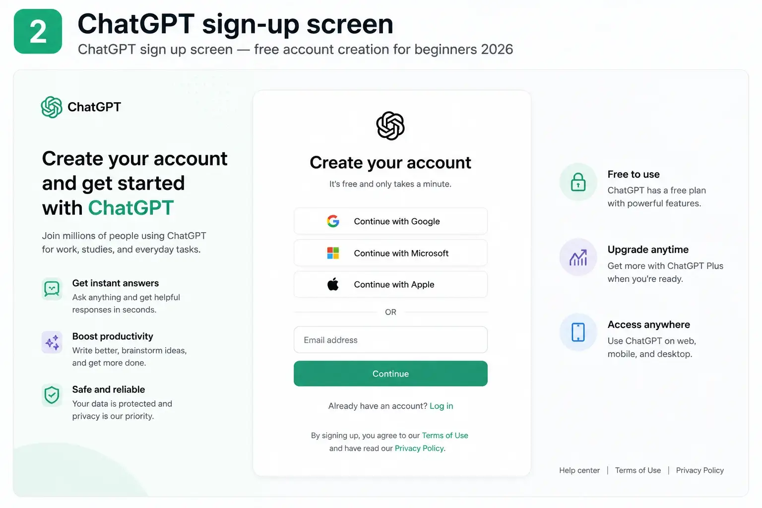 ChatGPT sign up screen — free account creation for beginners 2026