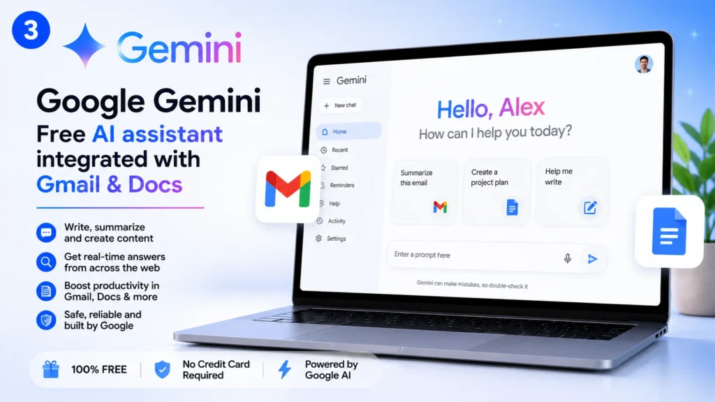 Google Gemini free AI assistant integrated with Gmail and Docs
