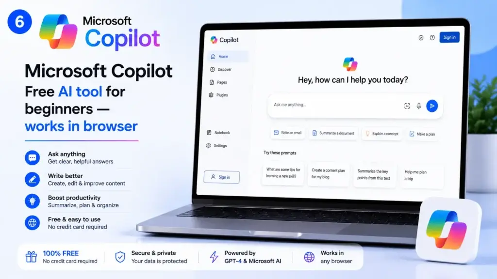 Microsoft Copilot free AI tool for beginners — works in browser