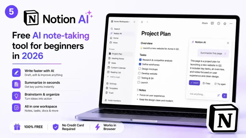 Notion AI free note-taking tool for beginners 2026