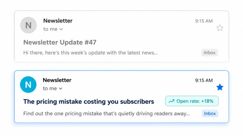AI newsletter subject lines — before and after example with open rate impact