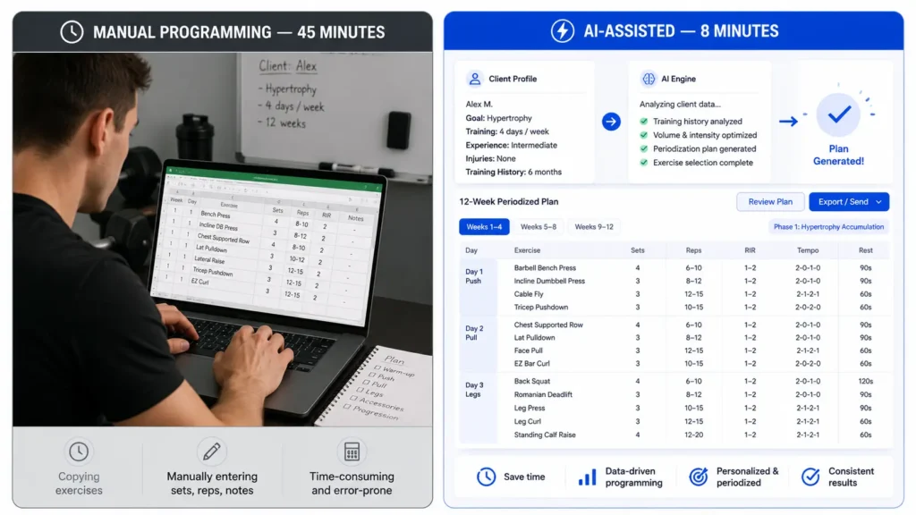 AI workout programming software — manual versus AI-assisted client programming time