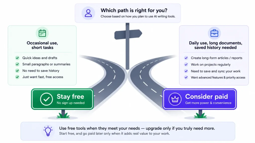 AI writing tools free vs paid — when to upgrade from no signup tools