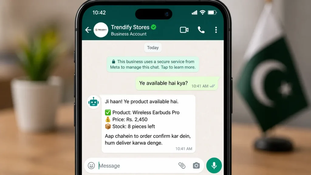 WhatsApp AI automation Pakistan — automated customer reply example in Urdu and English