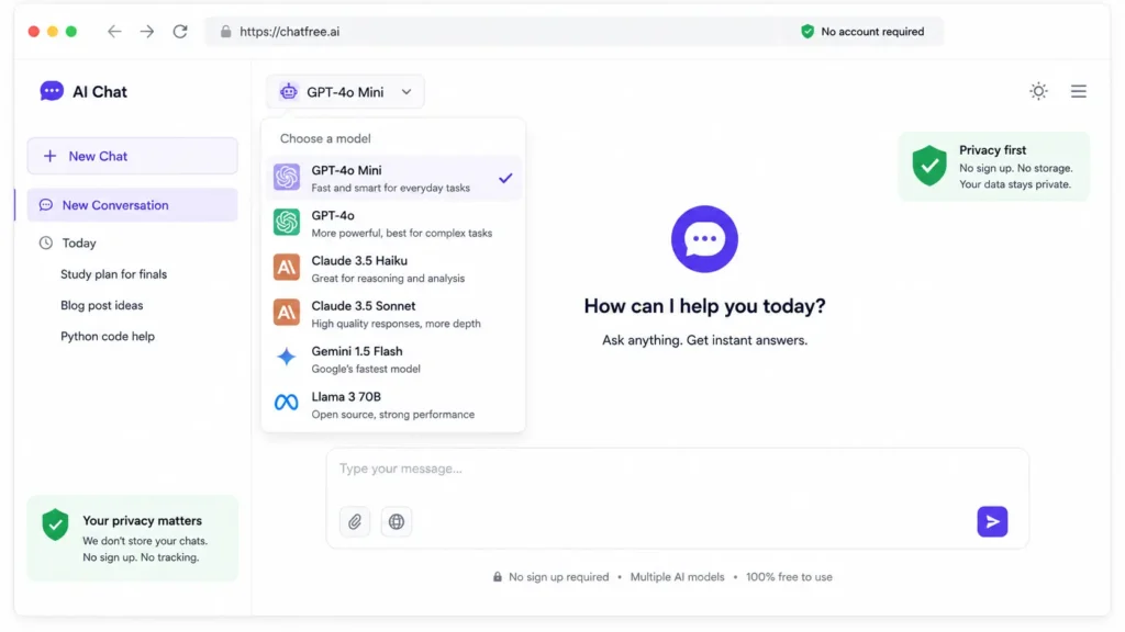 free AI chat no login — multiple AI models accessible without an account