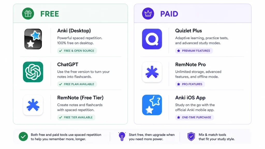 free AI flashcard maker versus paid options — student budget comparison 2026