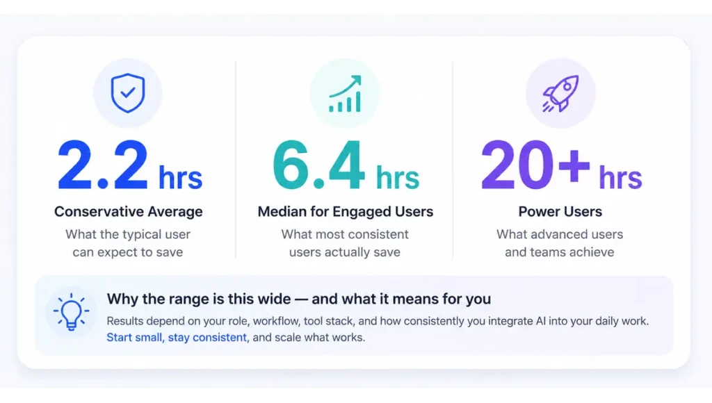 how much time does AI actually save — conservative average versus power user range 2026
