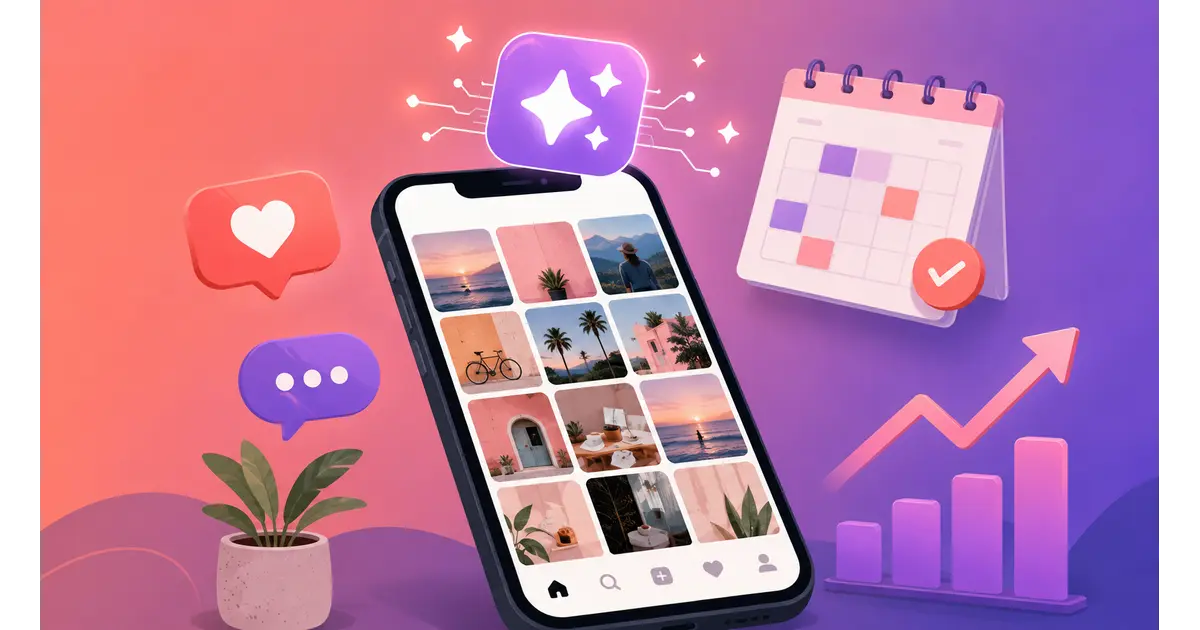 AI for Instagram growth workflow shown on a smartphone with content calendar and analytics icons
