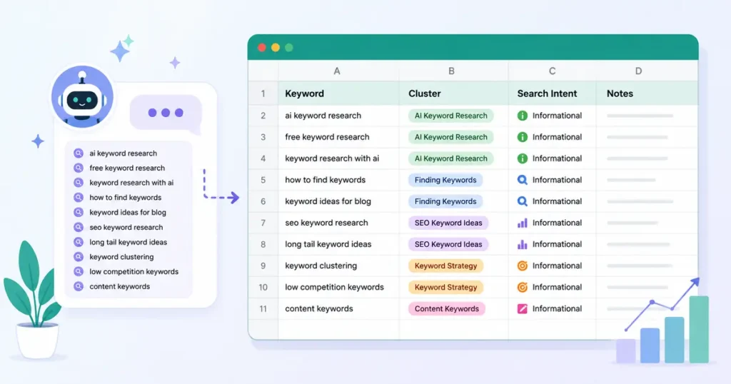 AI keyword research workflow organizing keyword clusters