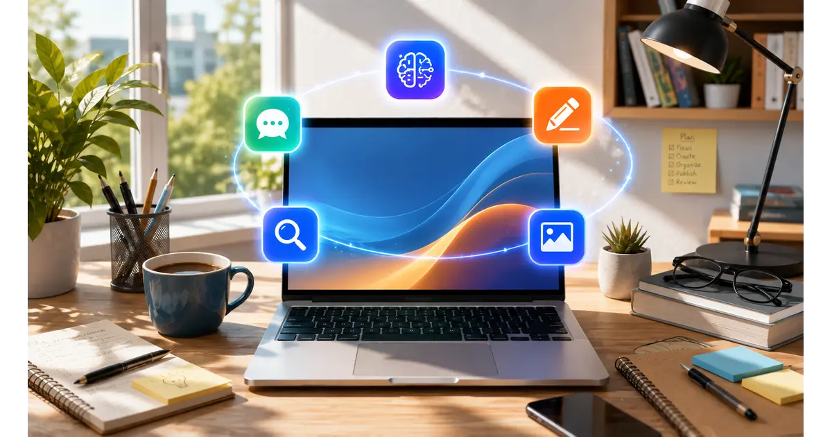 AI tools for daily workflow 2026 — five app icons orbiting a laptop at sunrise