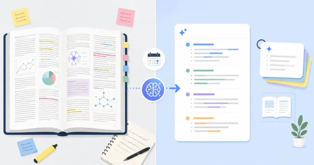 Comparison graphic showing a textbook page turned into an AI-generated summary and flashcards