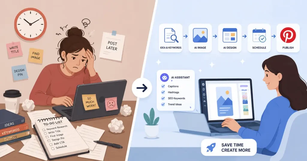Comparison illustration of manual Pinterest pin creation versus AI-assisted Pinterest workflow