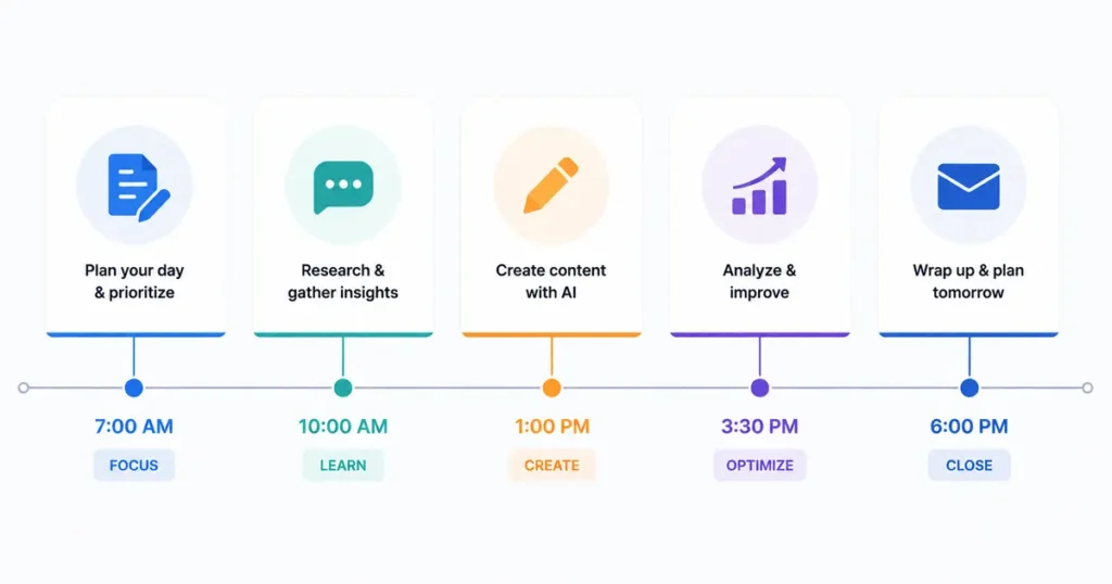 Daily AI workflow timeline showing 5 free AI tools from morning to evening 2026