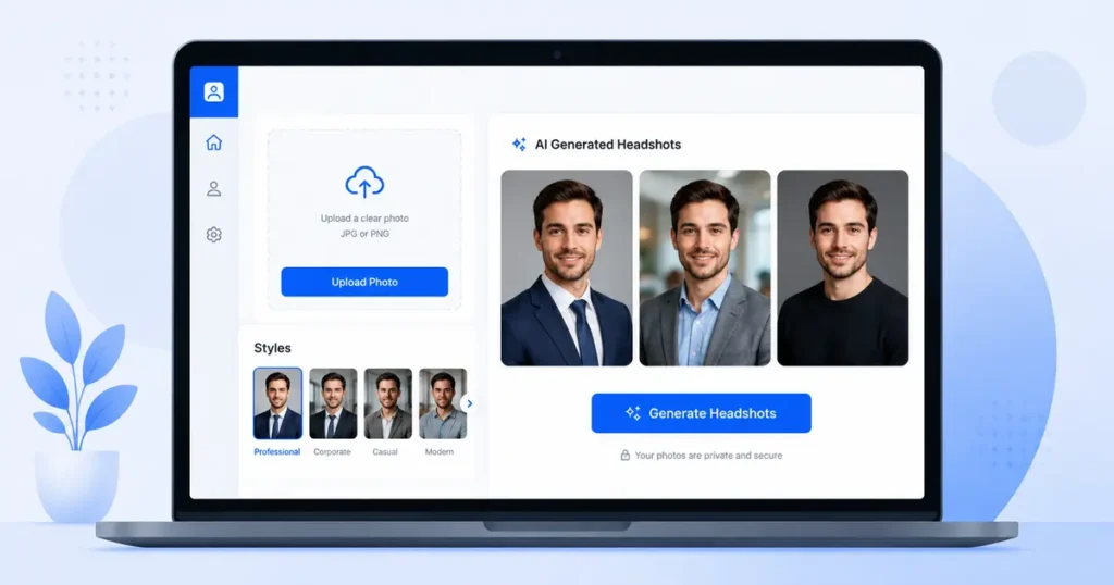 Free AI headshot generator interface showing upload and style options