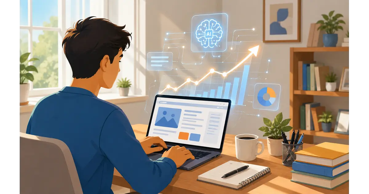 How to Use AI to Grow a blog. Blogger at a laptop using AI tools with a rising blog traffic graph overlay