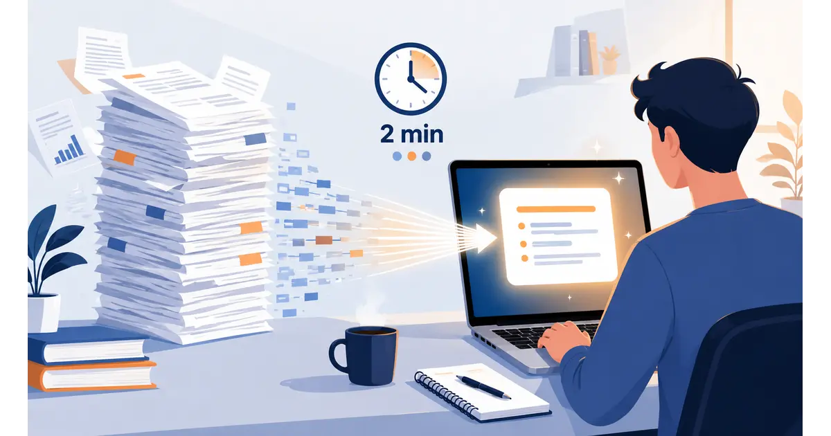 How to summarize documents with AI in under 2 minutes — stack of papers becoming one summary card