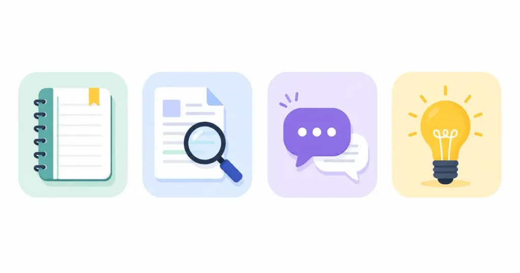 Icons representing AI note taking tools for students, ai tools for research papers
