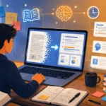 Illustration of AI tools to summarize textbooks into study notes and flashcards