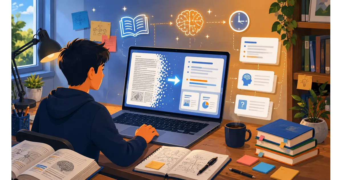 Illustration of AI tools to summarize textbooks into study notes and flashcards