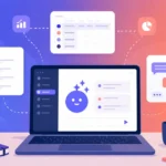 Illustration of a laptop displaying an AI-powered workspace interface with task lists and chat bubbles, representing Notion AI features for beginners
