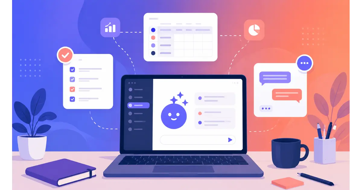 Illustration of a laptop displaying an AI-powered workspace interface with task lists and chat bubbles, representing Notion AI features for beginners