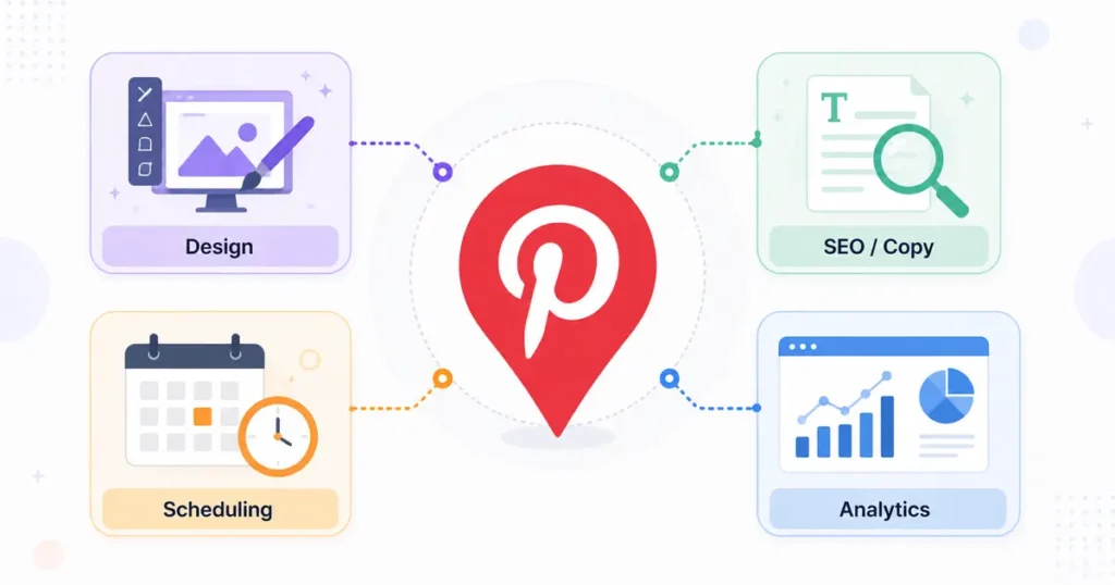 Infographic showing four categories of AI tools for Pinterest marketing design, SEO, scheduling, and analytics