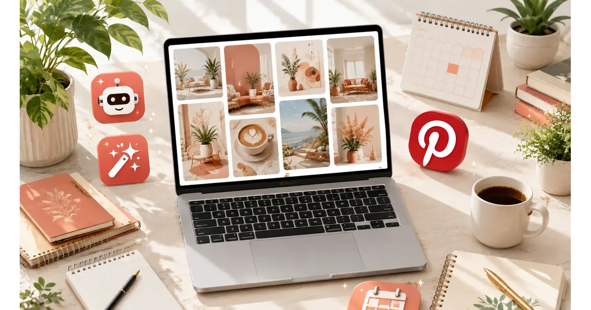 Laptop screen showing AI-powered Pinterest pin design tools and content calendar for 2026 marketing