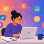 Person using free AI language learning tools on a laptop with multilingual speech bubbles