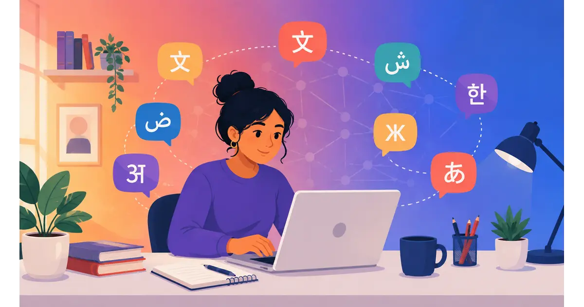 Person using free AI language learning tools on a laptop with multilingual speech bubbles