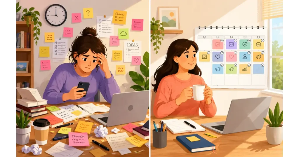 Small business owner using AI tools to manage social media with less manual effort