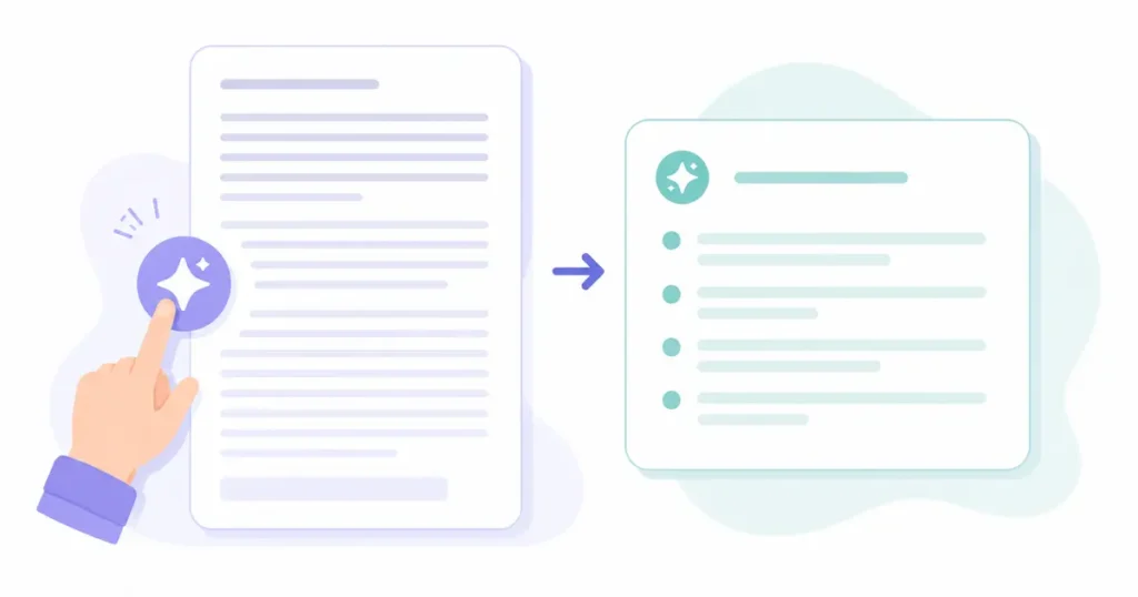Step-by-step illustration of summarizing a long document into bullet points using AI