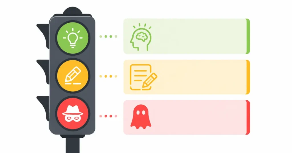 Traffic light framework showing green yellow red zones for ethical AI homework use chatgpt study mode