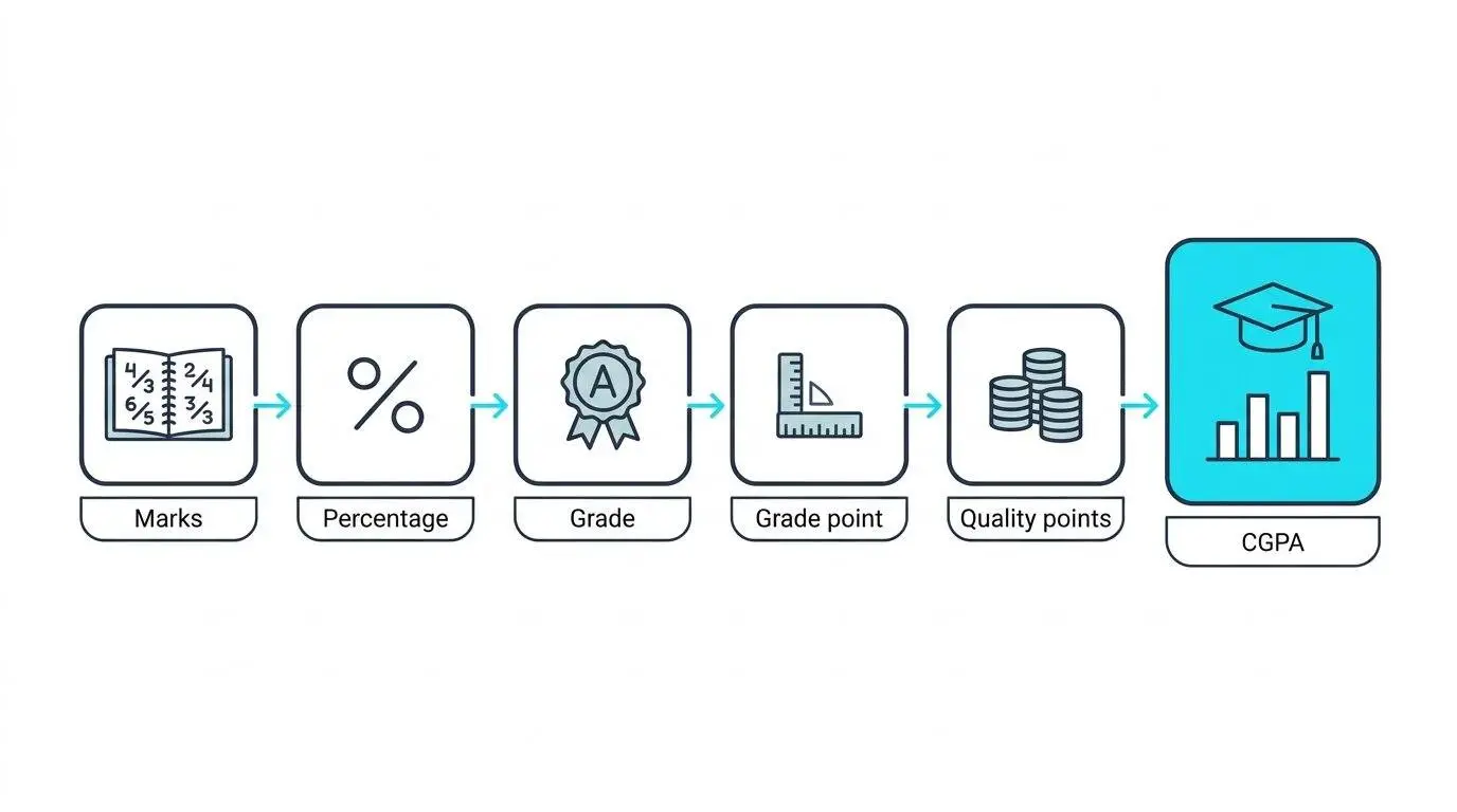 Step-by-step diagram showing how marks become a percentage, grade, grade point, quality points and a CGPA. CGPA & gpa calculator