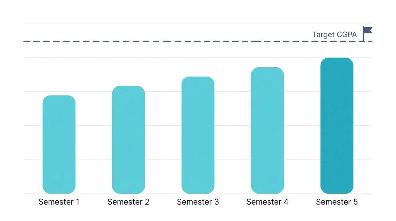 Bar chart of semester GPAs rising toward a dashed target CGPA line. CGPA & GPA Calculator